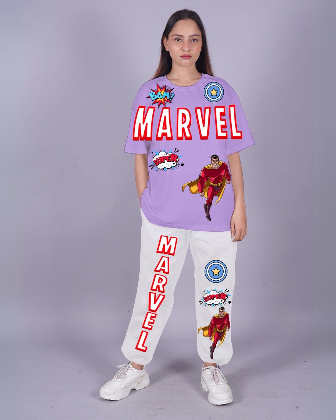 Women Marvel Oversized Co-Ord Set - Purple and White