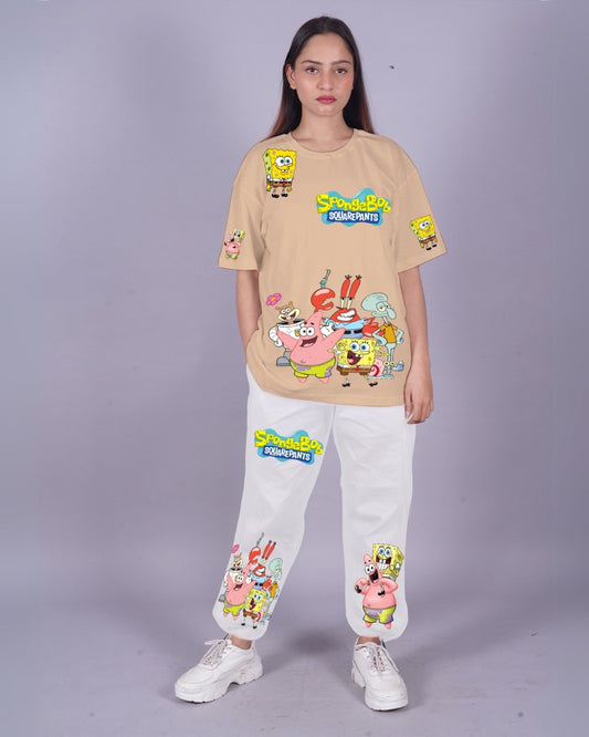 Women Spongebob Oversized Co-Ord Set - Beige and White