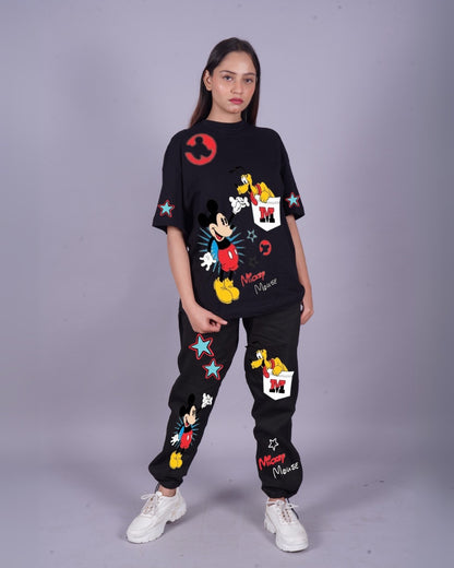 Women Mickey Mouse Oversized Co-Ord Set - Black and Black