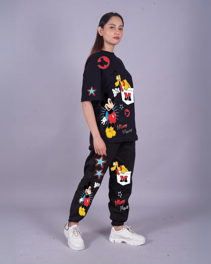 Women Mickey Mouse Oversized Co-Ord Set - Black and Black