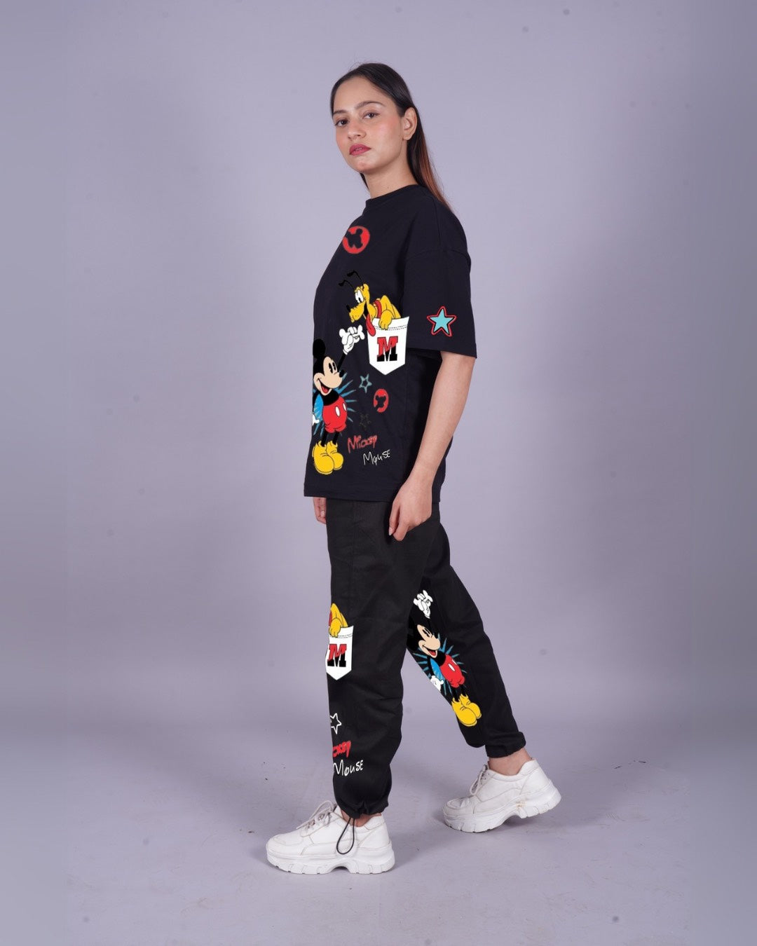 Women Mickey Mouse Oversized Co-Ord Set - Black and Black