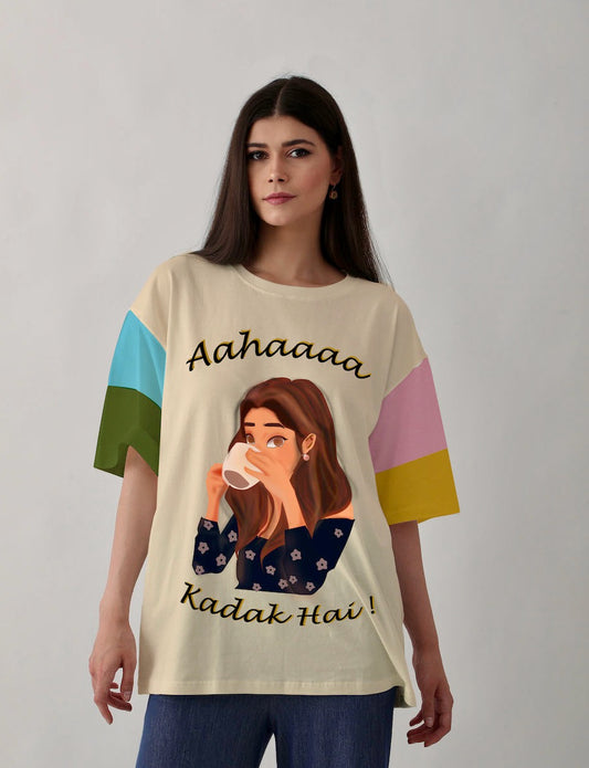 Kadak Hai Butter Cream Loose T-Shirt with Four Color Sleeves for Women