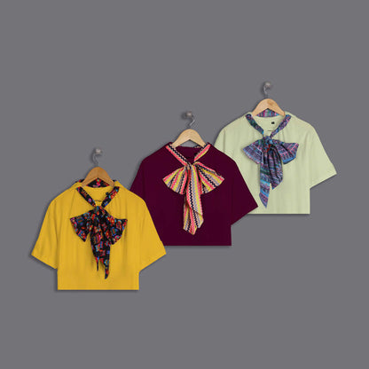 Blossom Trio: Sunflower Yellow, Plum & Mint Green Knot Neck Tie Cropped Tees