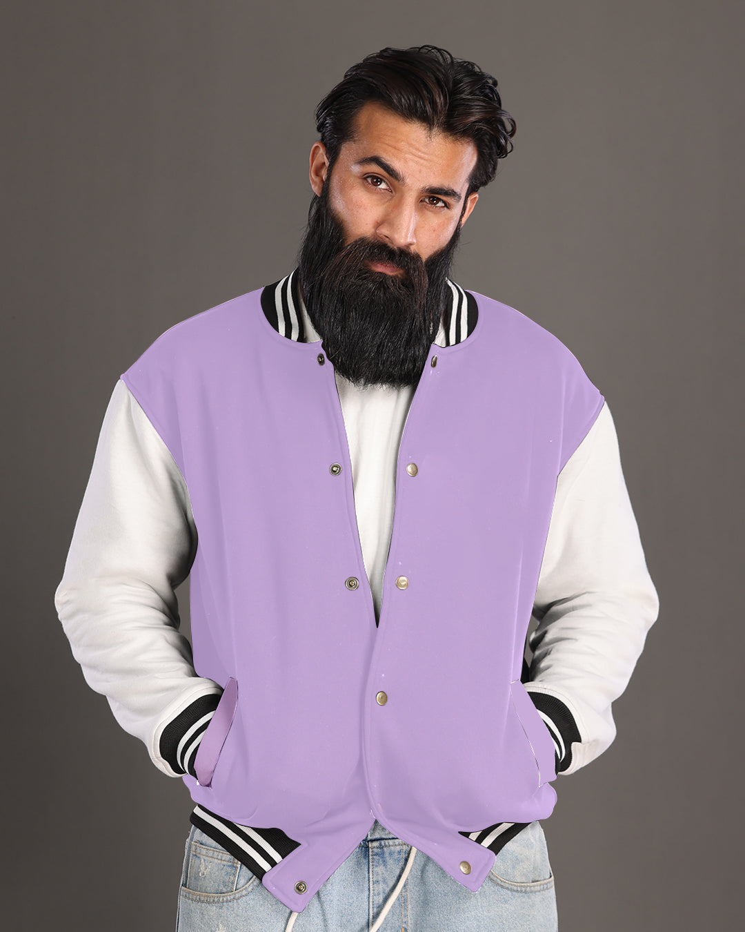 Men's Trendy Purple Varsity Jacket with Tiger Artwork