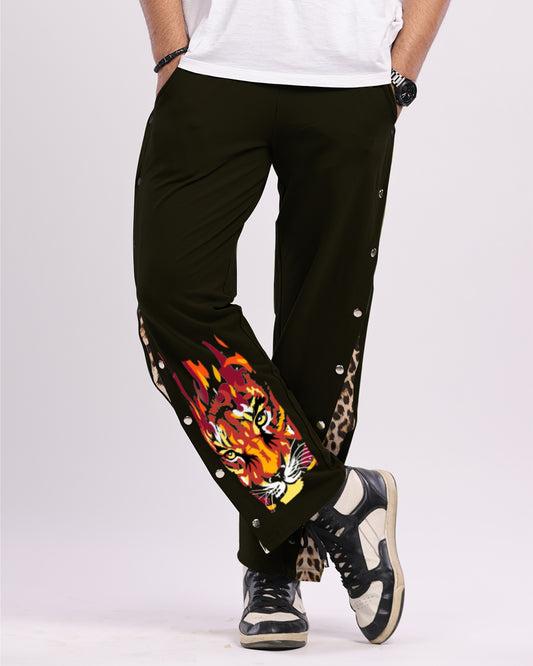 Men's Lion Accent Black Snap Buttons Cotton Trouser