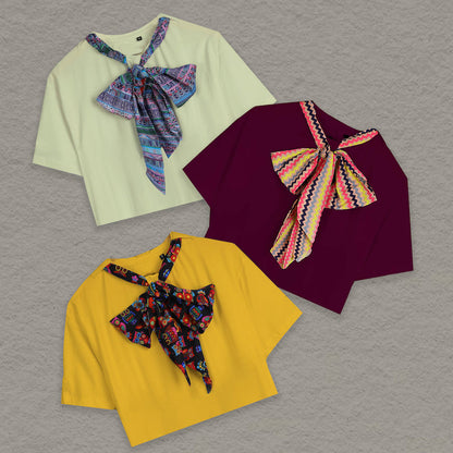 Blossom Trio: Sunflower Yellow, Plum & Mint Green Knot Neck Tie Cropped Tees