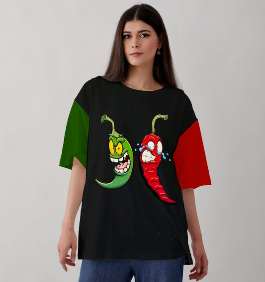Mirchi - Dual Colour Sleeves Black Oversized Fit Tee