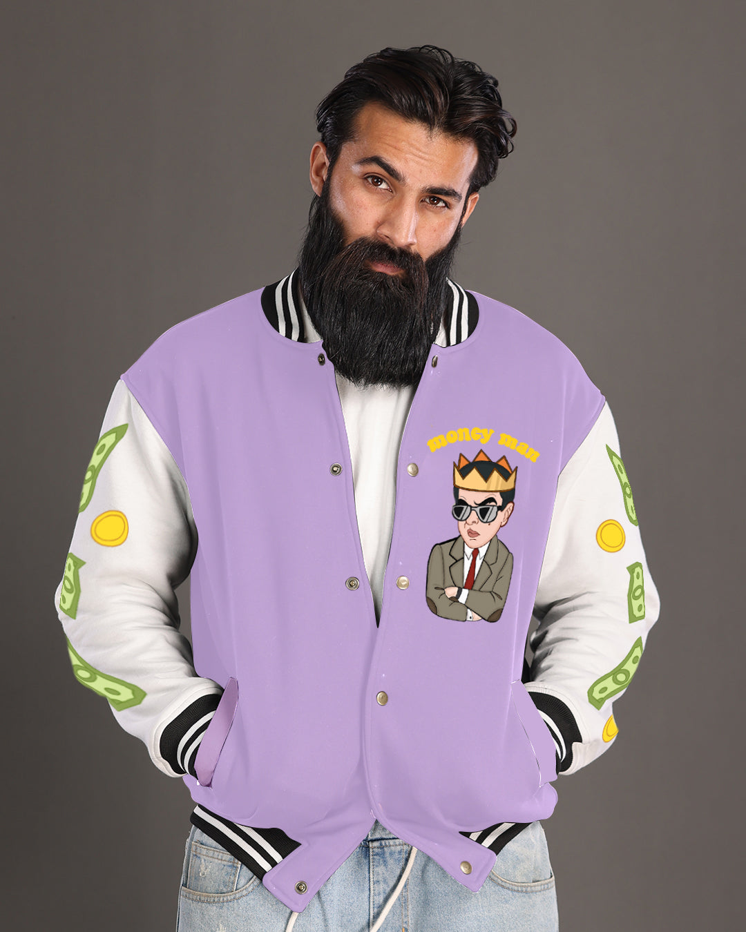 Mens Purple Varsity Jacket - Money Man