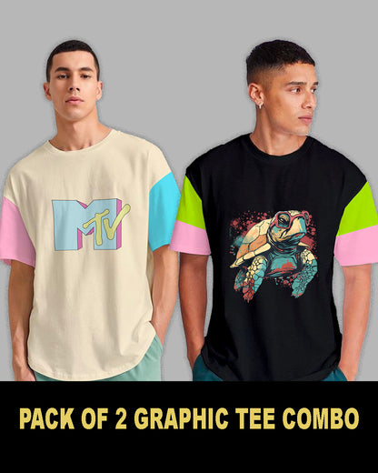 MTV Turtle Unisex Pack of 2 Oversized Urban T-Shirts: Women's T-Shirt Combo