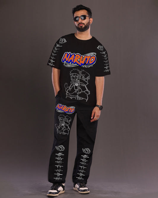 Men's Naruto Graphic Oversized Co-Ord Set - Black and Black