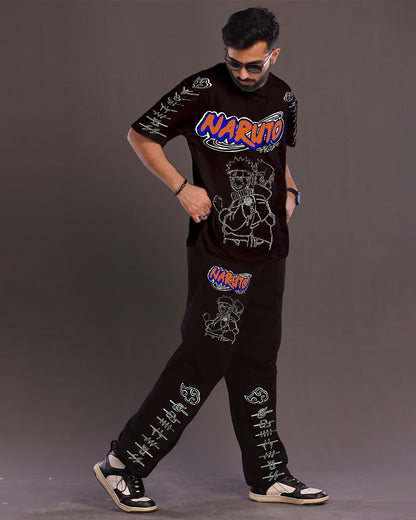 Men's Naruto Graphic Oversized Co-Ord Set - Black and Black