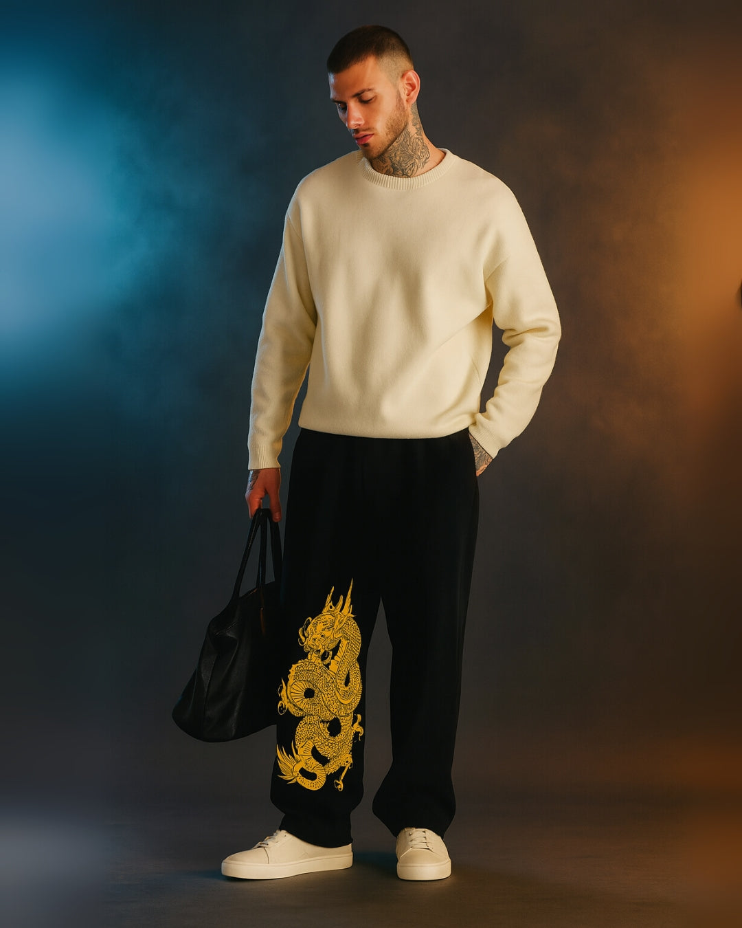 Mens Black Cotton Pants - Dragon Design(*)