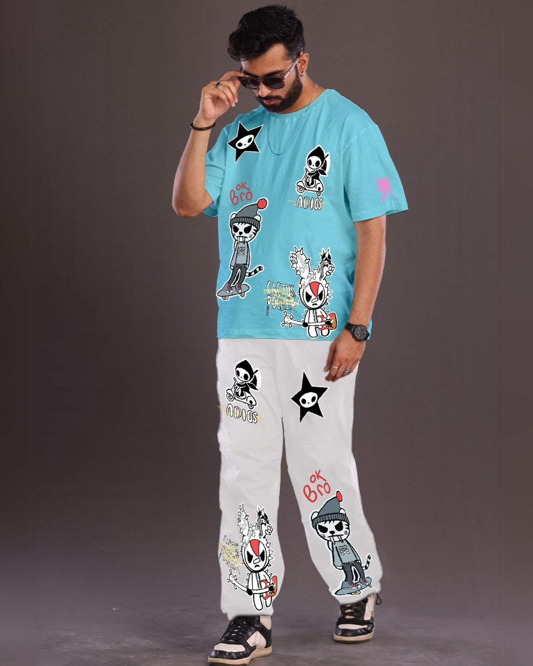 Men's Two Piece OK Bro Oversized Co-ord Set in Blue and White