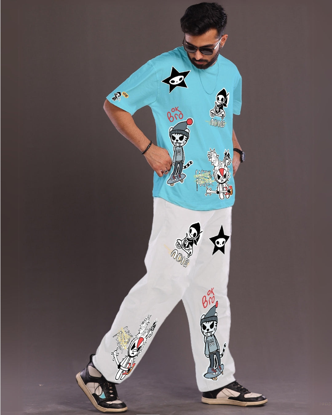 Men's Two Piece OK Bro Oversized Co-ord Set in Blue and White