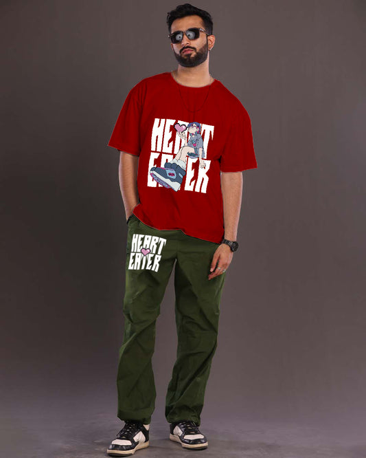 Men's Hearteater Oversized Co-ord Set in Red and Olive