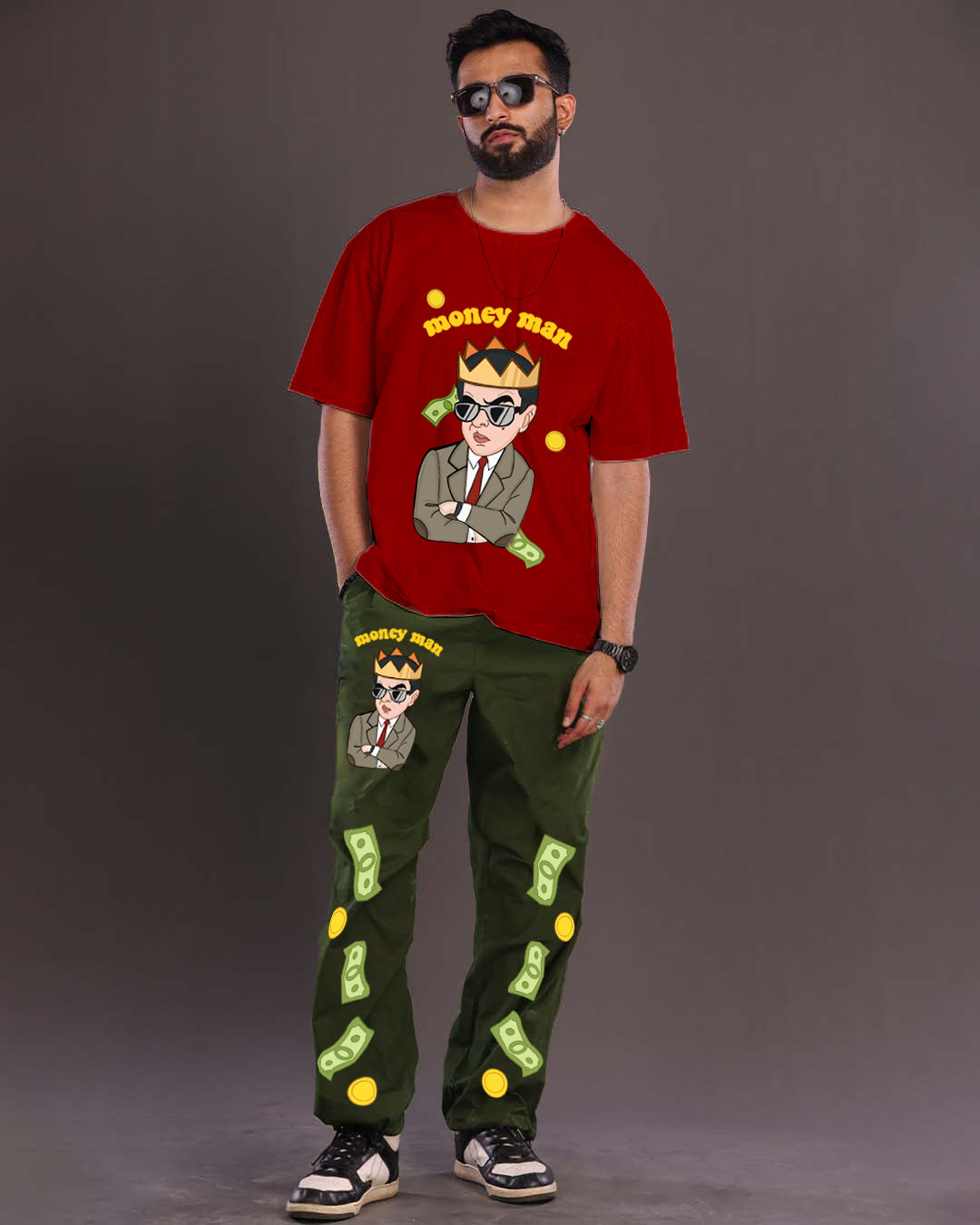 Men's Red and Olive Coords Oversized Set with Money Man Theme