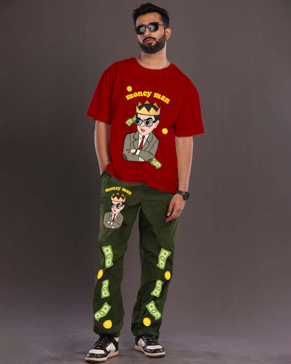 Men's Red and Olive Coords Oversized Set with Money Man Theme