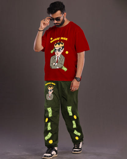 Men's Red and Olive Coords Oversized Set with Money Man Theme