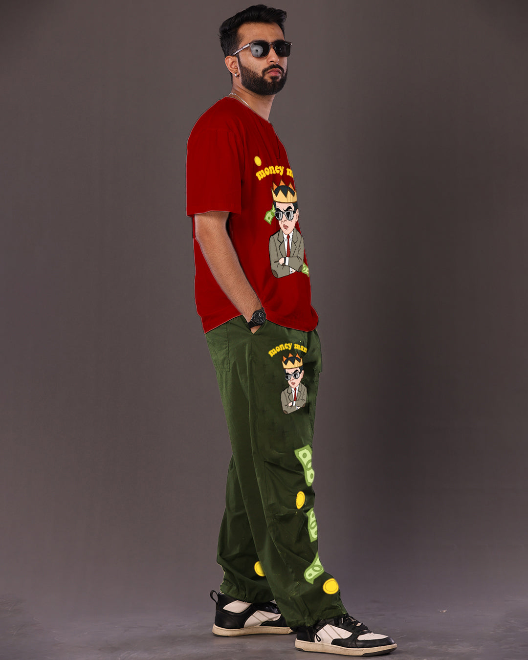 Men's Red and Olive Coords Oversized Set with Money Man Theme