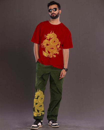 Dragon Oversized Co-ord Set - Red & Olive for Men's Fashion