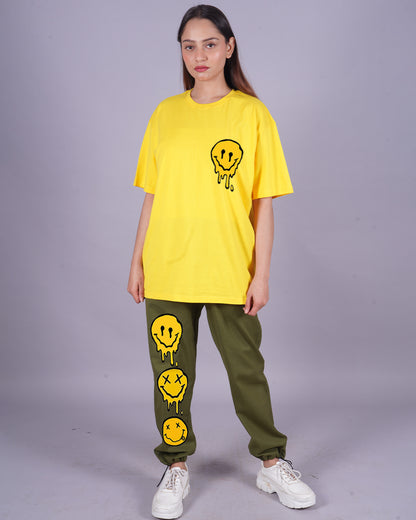 Women Smiley Oversized Co-Ord Set - Yellow and Olive