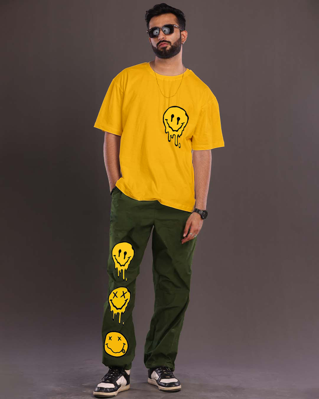 Men's Oversized Yellow and Olive Smiley Co Ord Sets