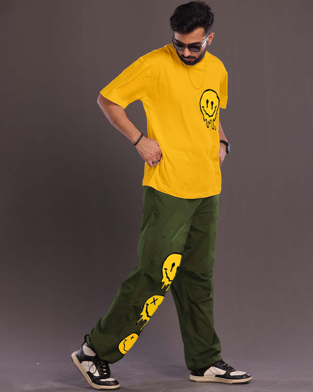 Men's Oversized Yellow and Olive Smiley Co Ord Sets