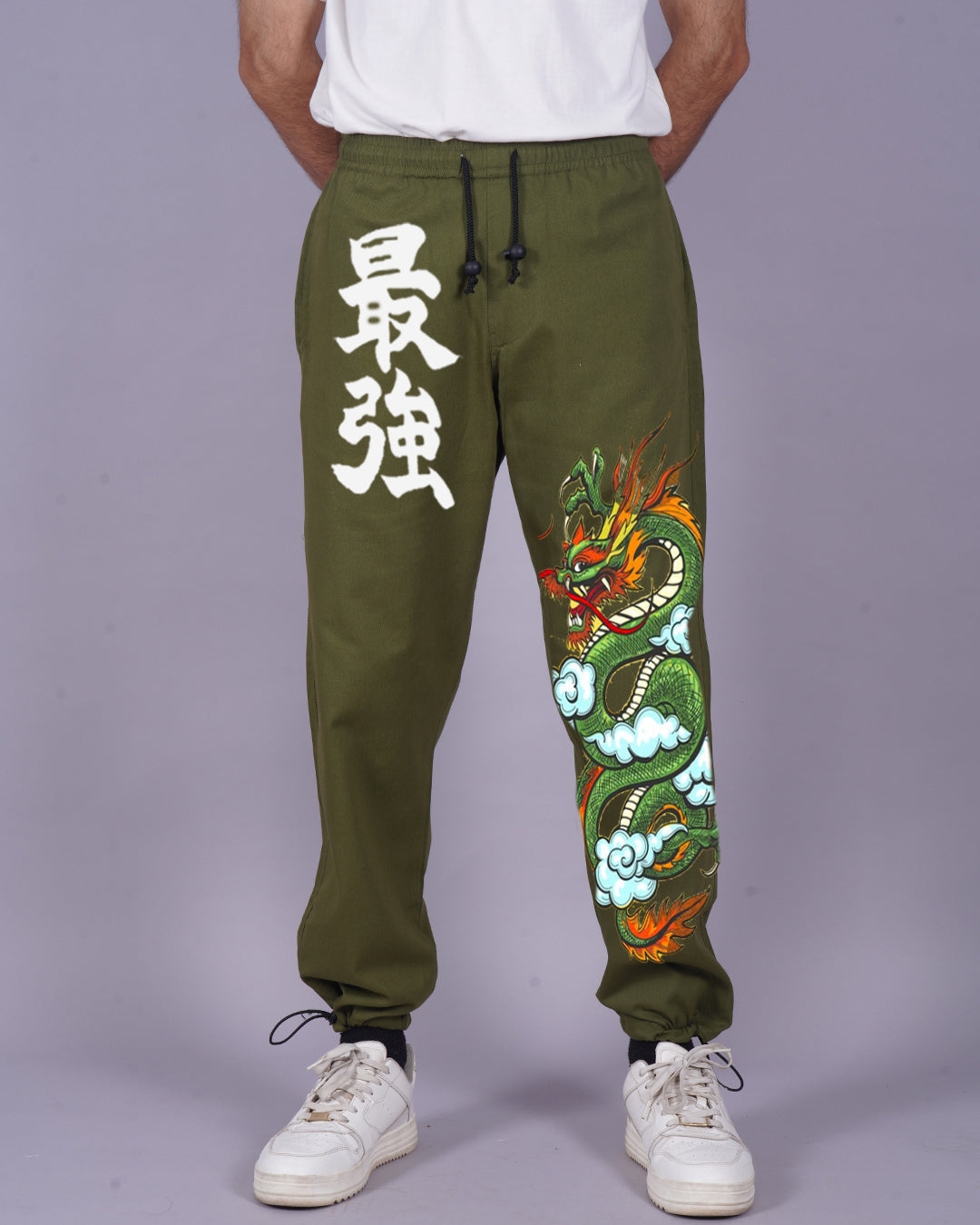 Men's Olive Cargo Pants with Dragon Print