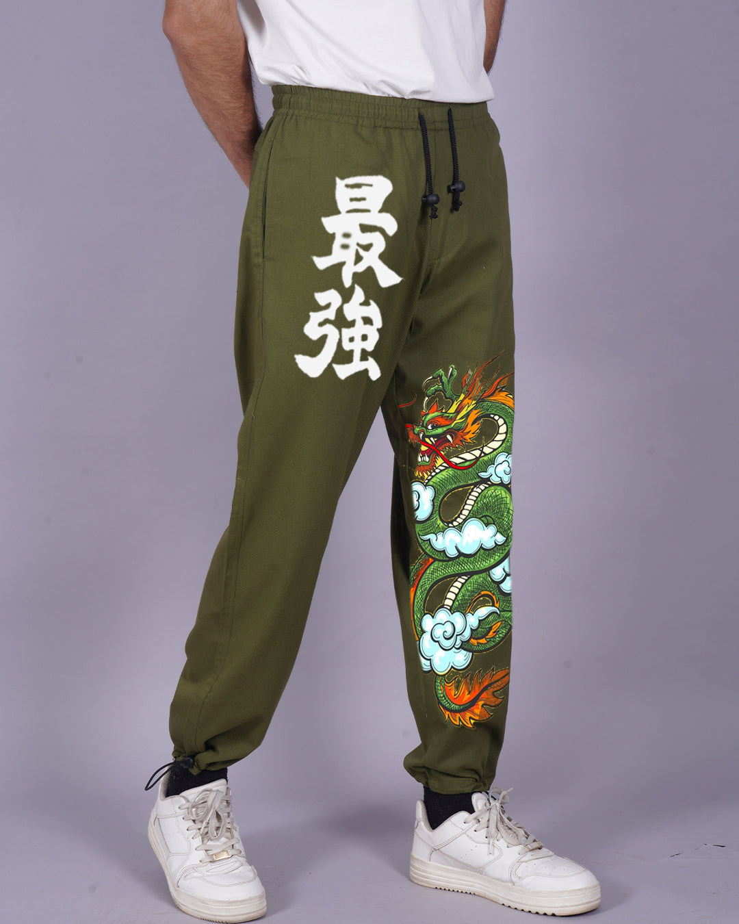 Men's Olive Cargo Pants with Dragon Print