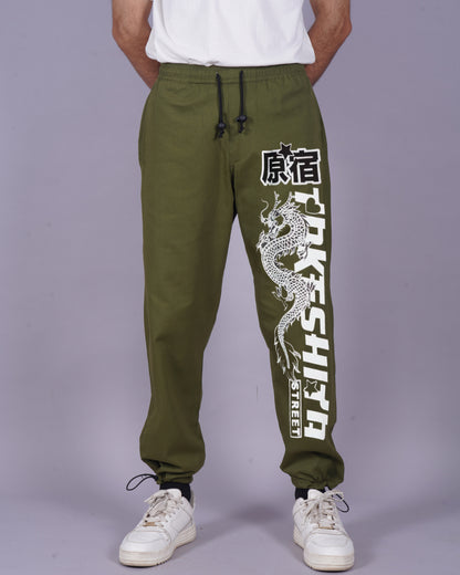 Men's Olive Cargo Parachute Pants - Japanese Dragon