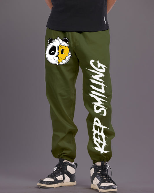 Mens Olive Cargo Pants with Keep Smiling Design