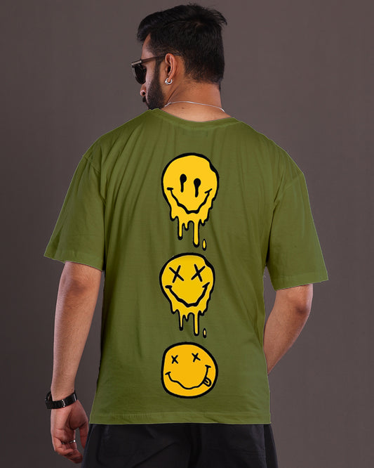 Go Green in Comfort: Men's Olive Smiley Oversized T-Shirt