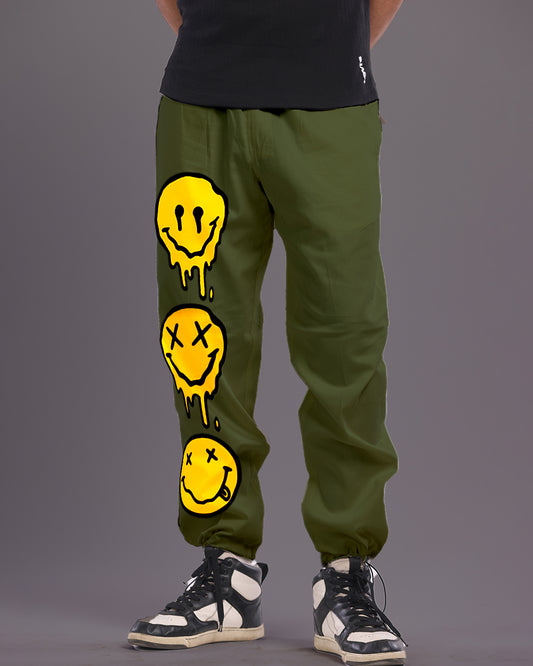 Men's Olive Cargo Pants with Smiley Print