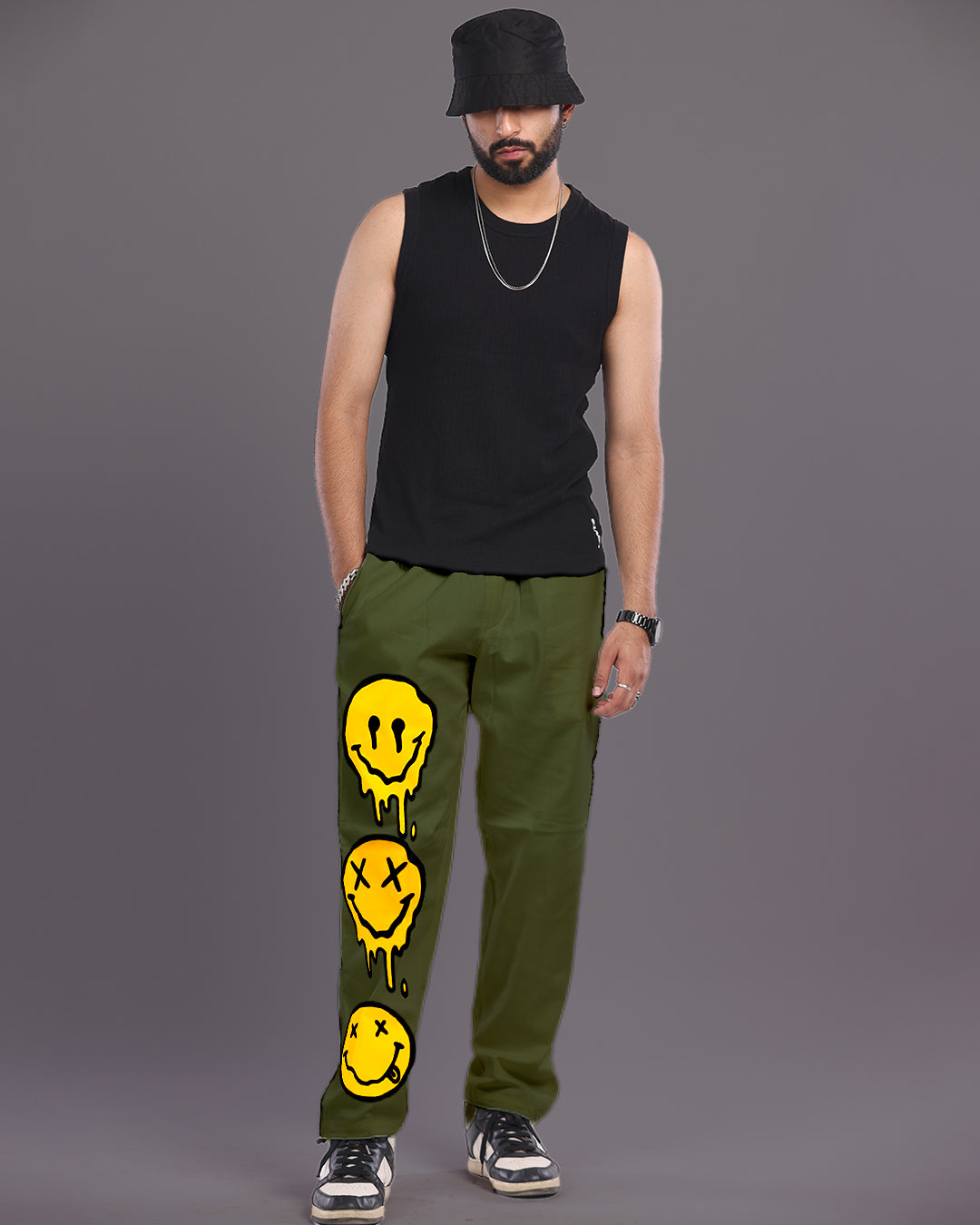 Men's Olive Cargo Pants with Smiley Print