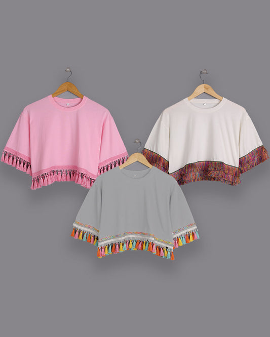 Bundle of 3 Women's Oversized Tops: Loose-Fit Tassel Style in 100% Cotton