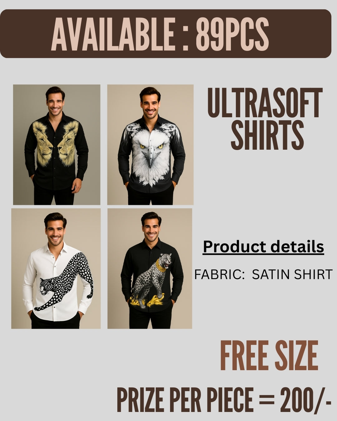 Premium Satin Animal-Print Men’s Shirts – Free Size | Wholesale Stock | 89 pieces
