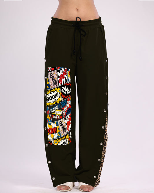 Ladies' Black Cargo Pants with Retro Print Snap Buttons