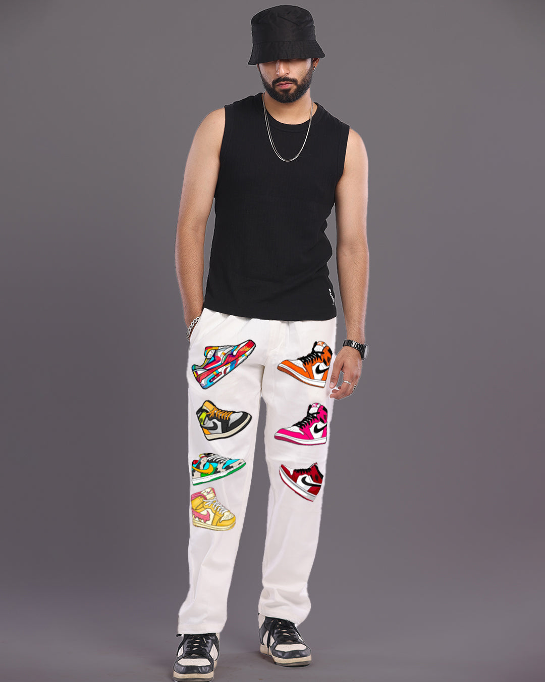 Mens White Cotton Pants with Sneaker Design