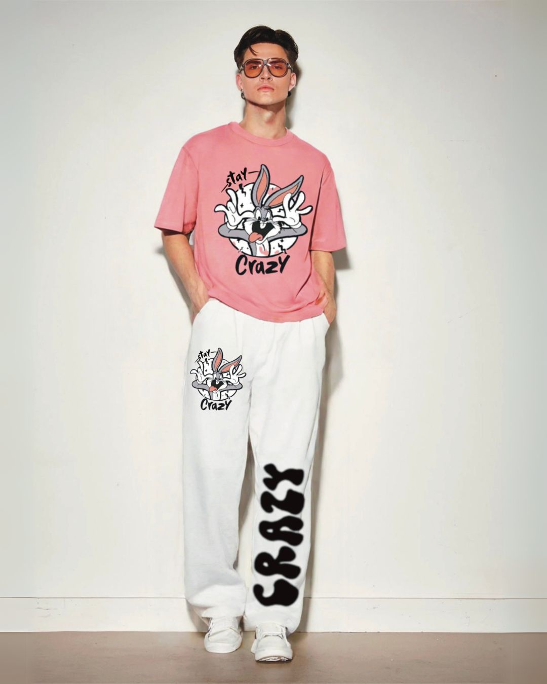 Stay Crazy Oversized Men's Coord Set - Pink and White (*)