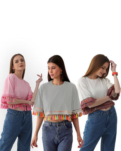 Bundle of 3 Women's Oversized Tops: Loose-Fit Tassel Style in 100% Cotton