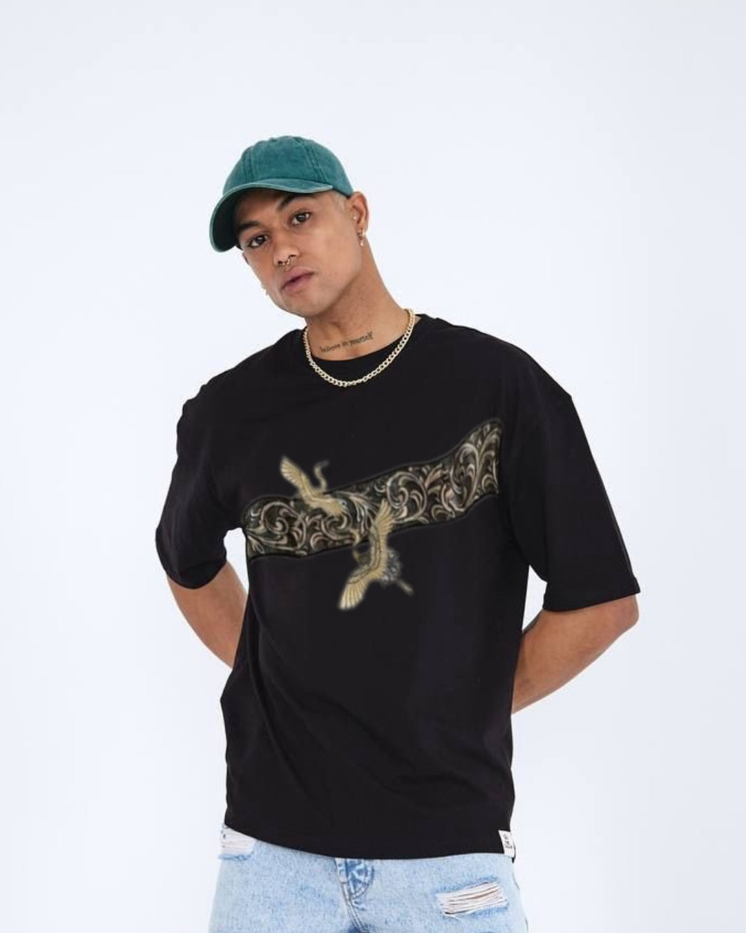 Swan design Unisex Exclusive Oversized Tee - Black