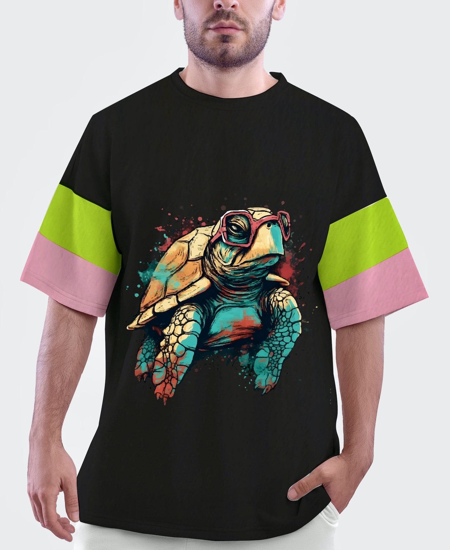 Turtle - Triple Colour Sleeves black Oversized Fit T-Shirt