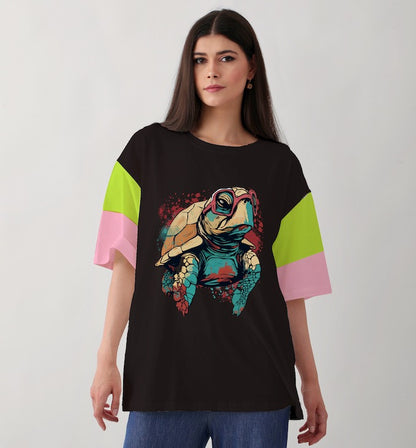 Turtle - Triple Colour Sleeves black Oversized Fit Tee