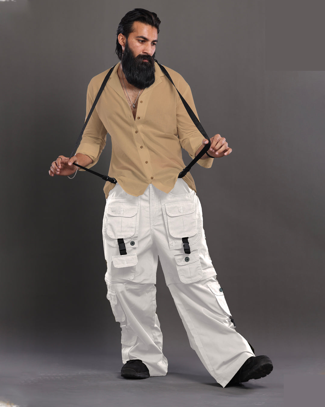 White MaxFlex Cargo Pants: Air Ease Commando Multi-Pocket Style