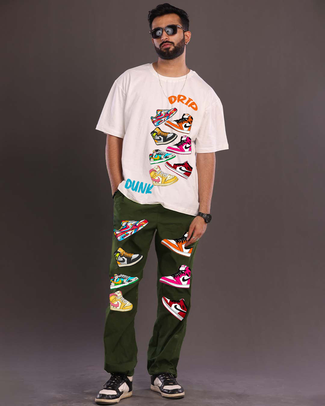 Sneaker Style: Men's Two Piece Oversized Co-ord Set in White and Olive