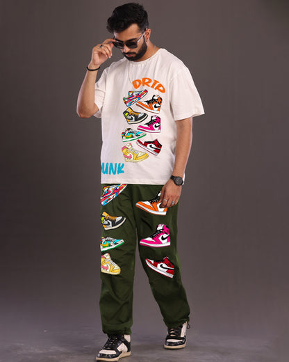 Sneaker Style: Men's Two Piece Oversized Co-ord Set in White and Olive