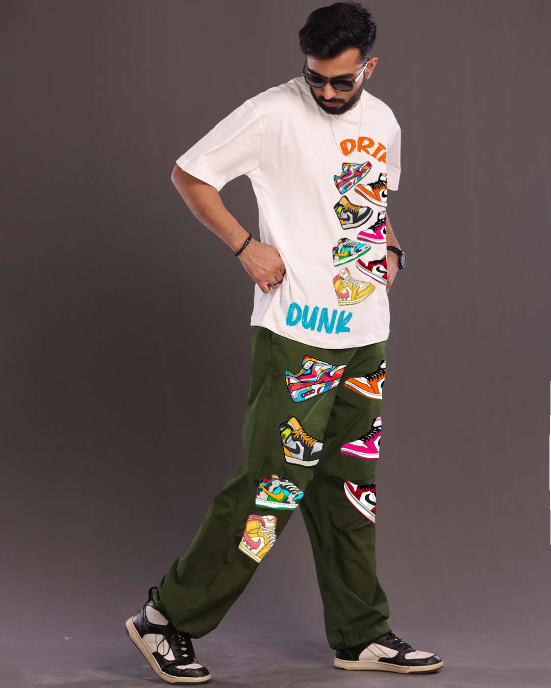 Sneaker Style: Men's Two Piece Oversized Co-ord Set in White and Olive