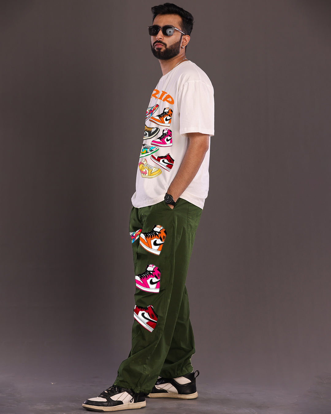 Sneaker Style: Men's Two Piece Oversized Co-ord Set in White and Olive