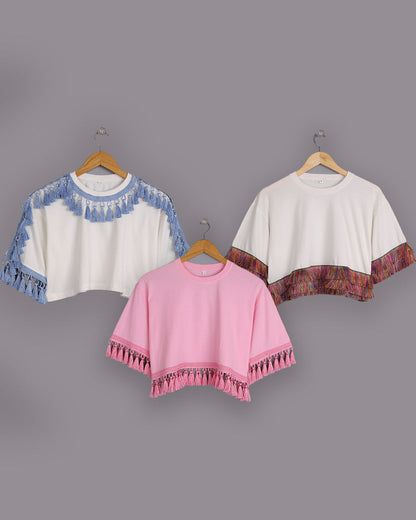 Set of 3 Off-white & Pink Tassel-Trimmed Cotton Tops