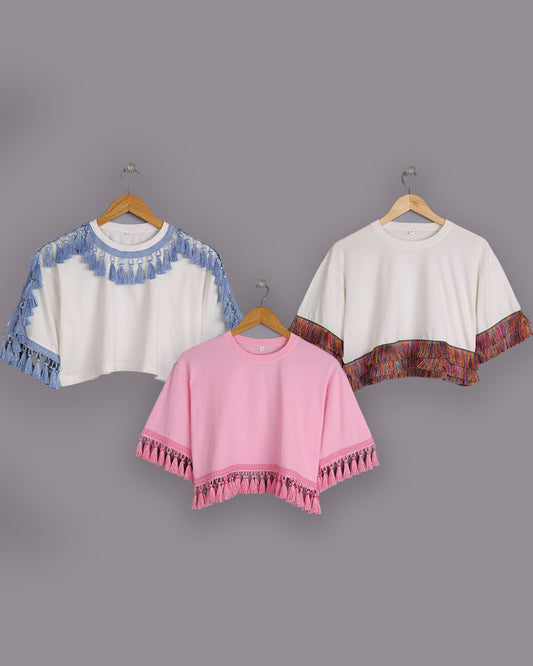 Set of 3 Off-white & Pink Tassel-Trimmed Cotton Tops